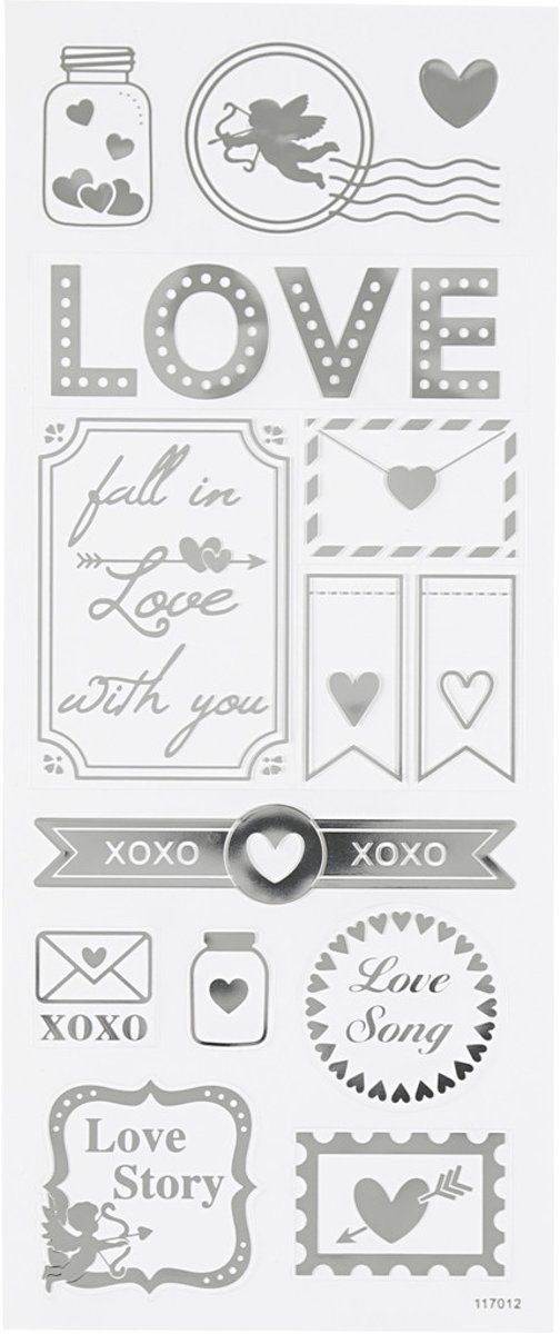 Stickers, vel 10x24 cm, circa 14 stuk, zilver, love, 1vel [HOB-29142]